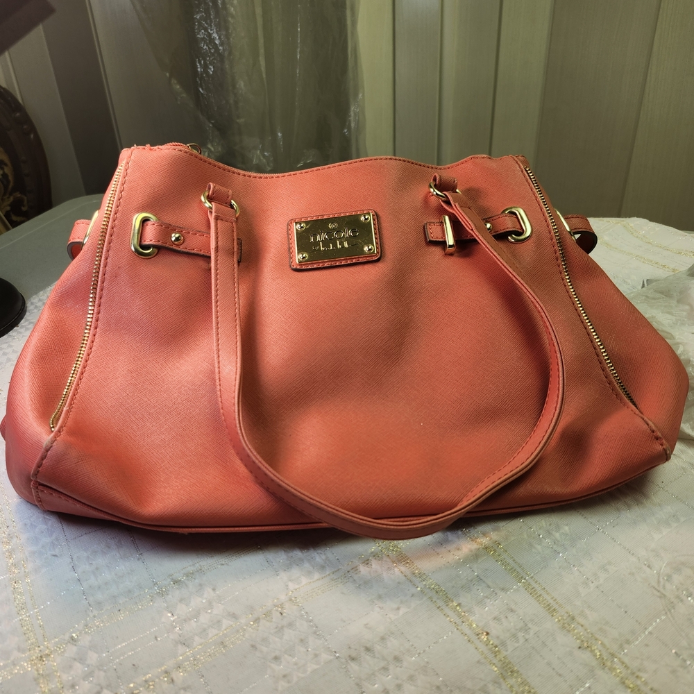Large Purse Nicol Hiller Coral-Orange Leather Tote with Gold Hardware